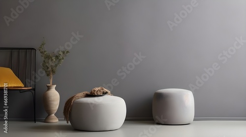 a couch on a grey wall with yellow pillows  in the style of zen minimalism  textured shading  simplicity  monochromatic color palettes  rich  painterly surfaces  polished concrete