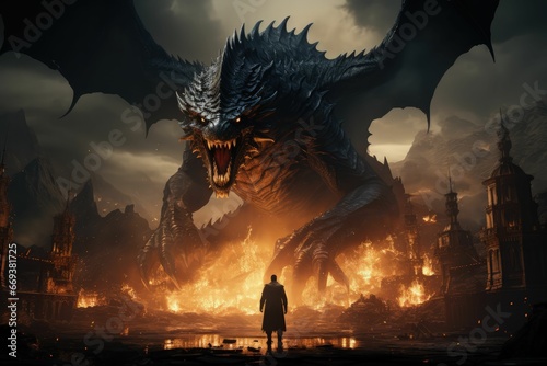 a man standing in front of a giant dragon with flames