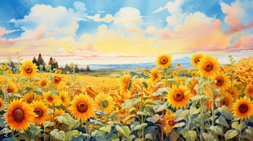 A sunflower field, watercolor, loose brushstrokes, warm tones. AI Generative photo