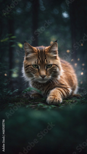 Bellissimo gatto con folta pelliccia in un bosco con con raggi di luce