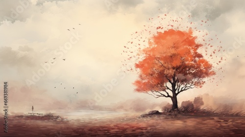 A tree in autumn, watercolor, spatter effect, warm tones. AI Generative