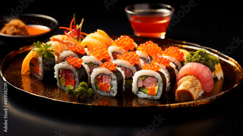 A plate of freshly-made sushi, with a variety of fillings and topped with a drizzle of soy sauce 