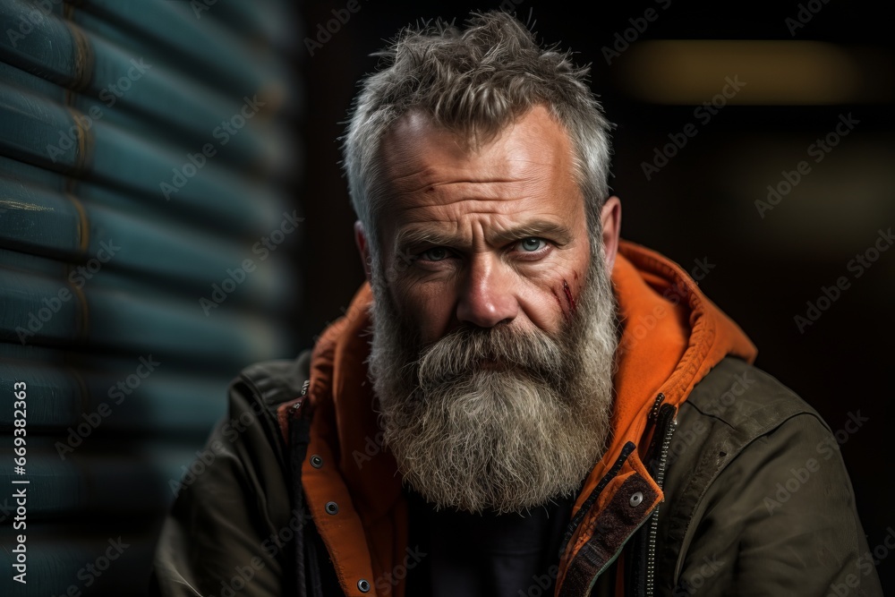 Portrait of an old man with a long gray beard and mustache in an orange jacket. Portrait of an old man with a long gray beard and mustache in an orange jacket.