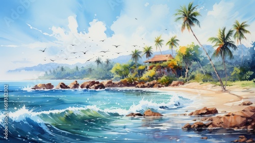 A tropical beach, watercolor, splatter effect, bright colors. AI Generative