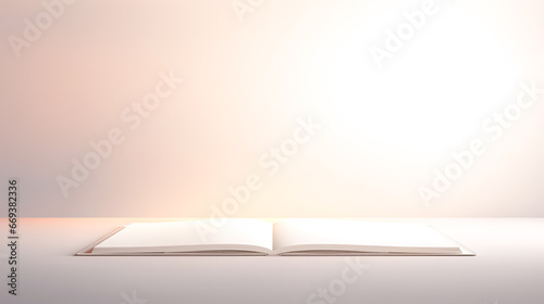 Open white book on a white background.