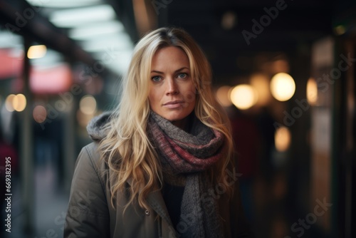 Portrait of a beautiful young woman with long blond hair in the city at night