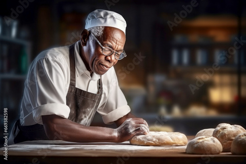 An elderly dark-skinned male baker prepares bread dough in the kitchen. Kneads dough for baking. Homemade bread production. Fresh bakery. Private production.