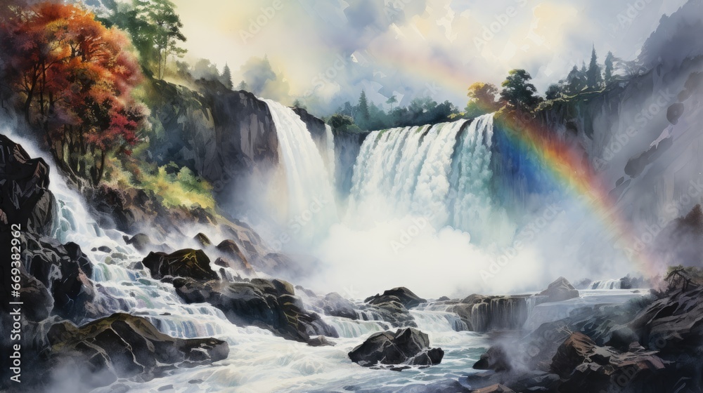 Fototapeta premium A watercolor of a roaring waterfall with a rainbow in the mist. AI Generative