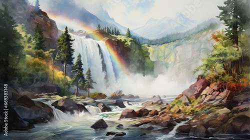 A watercolor of a roaring waterfall with a rainbow in the mist. AI Generative