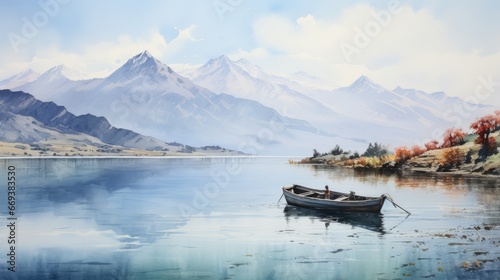 A watercolor painting of a boat on a lake with a mountain range in the background. AI Generative