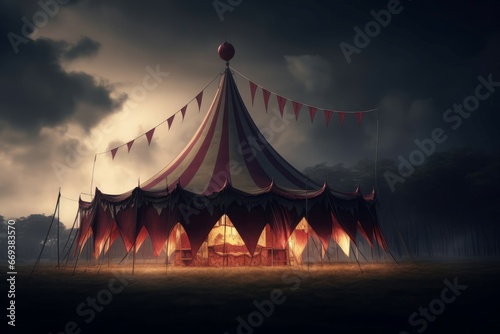 Gloomy circus night tent stage. Fun leisure flag circle festival. Generate Ai