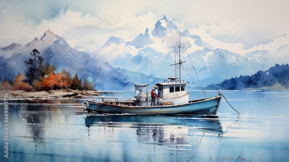 A watercolor painting of a boat on a lake with a mountain range in the background. AI Generative