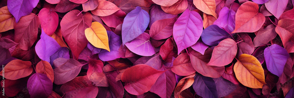 Autumn leaves in purple and magenta colors on the forest floor Autumn leaves in purple and magenta colors on the forest floor