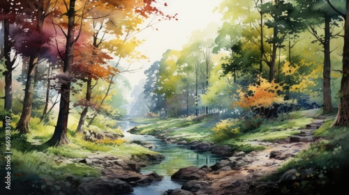 A watercolor painting of a forest with vibrant colors. AI Generative