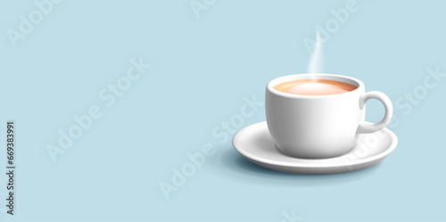 3d illustration of cappuccino in a 3d white coffee cup with saucer. Steam of hot drink