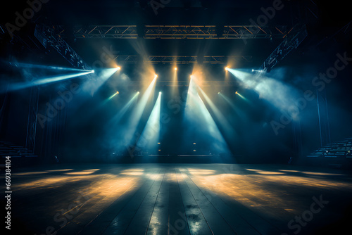 An empty stage club with blue and yellow bright stage lights and lights beams through a smoky atmosphere background