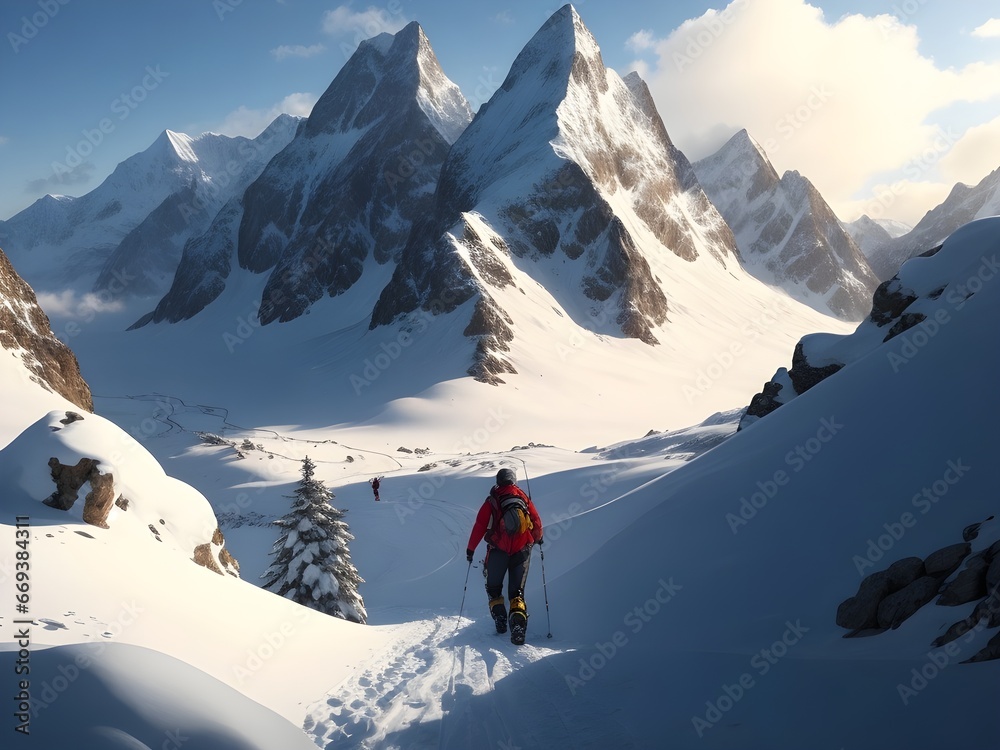 skiing in the mountains, Mountaineer walking up along a snowy ridge