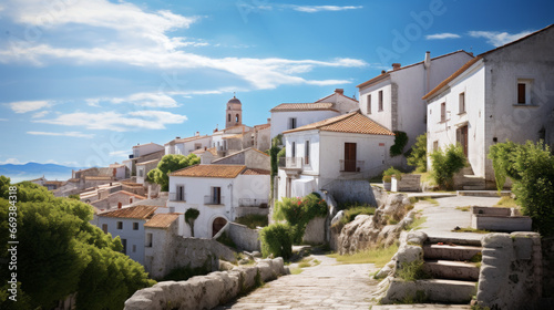 A picturesque village sits atop a hill, its whitewashed homes and cobbled streets making a beautiful vista photo