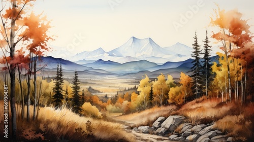 A watercolor painting of a mountain range in the distance with a foreground of trees in fall colors. AI Generative