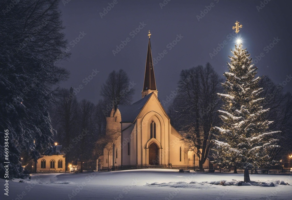 An AI illustration of the church is lit up at night by the christmas tree