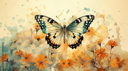 A beautiful watercolor of a butterfly on a flower with a soft yellow background. AI Generative