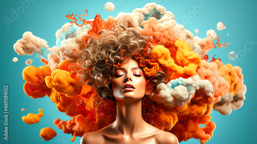 Creative illustration with a beautiful woman's head and hair in the clouds. © puhimec