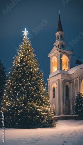 An AI illustration of lit christmas tree next to church tower at night with moon in background