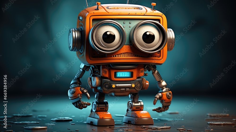 a cartoon character design of a clumsy robot with a square-shaped body. AI Generative