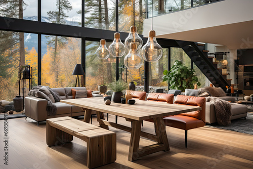 a living room with wood flooring and large windows that look out onto the mountain range in the back ground