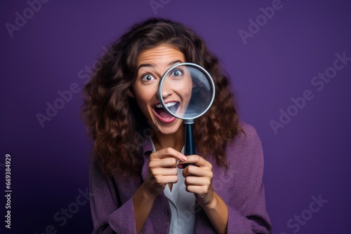 Happy young woman looking through magnifier. Person lens beauty search. Generate Ai