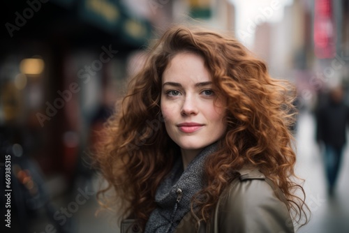 Portrait of a beautiful young woman with curly red hair in the city