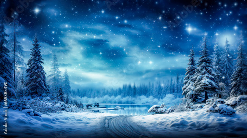 Christmas and New Year Winter Forest Night Sky with Stars and Snowflakes.
