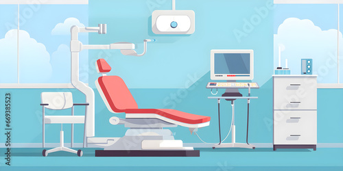 illustration of dental chair and medical diagnosis machine equipment at hospital health care dentistry as wide banner with copy space area, cute and simple cartoon