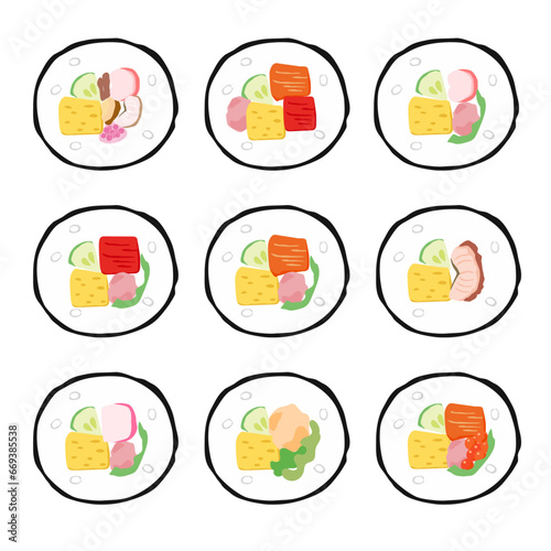 いろんな具材の巻き寿司の断面イラストセット