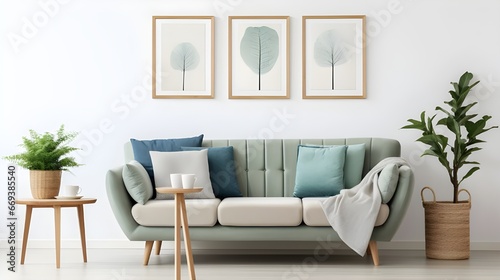 modern living room with couches and table with flowers and a wooden tabletop, in the style of light emerald and light azure, large canvas format, subtle, earthy tones, leaf patterns, minimalist images © Muzikitooo