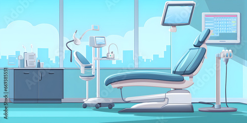 illustration of dental chair and medical diagnosis machine equipment at hospital health care dentistry as wide banner with copy space area, cartoon