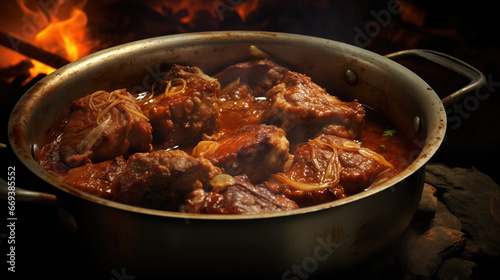 Sizzling meat stew over open fire.