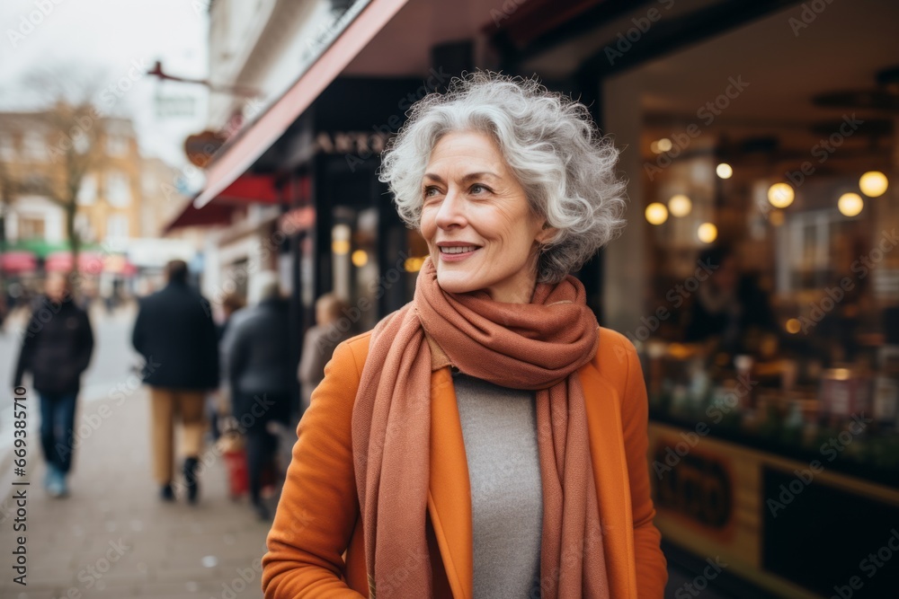 Portrait of smiling senior woman in orange coat and scarf walking on street