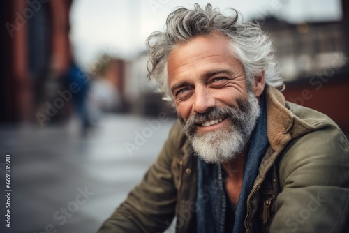 Portrait of a smiling senior man with gray hair and beard in the city.