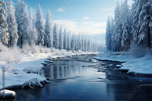 a snowy river in the middle of a forest with snow covered trees on both sides, and blue sky above © Golib Tolibov