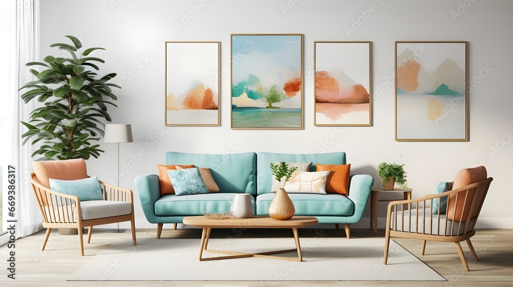 a living room with bright blue and orange furniture in a modern setting, in the style of delicate watercolor landscapes, realistic seascapes, light green and light brown, australian landscapes a living room with bright blue and orange furniture in a modern setting, in the style of delicate watercolor landscapes, realistic seascapes, light green and light brown, australian landscapes