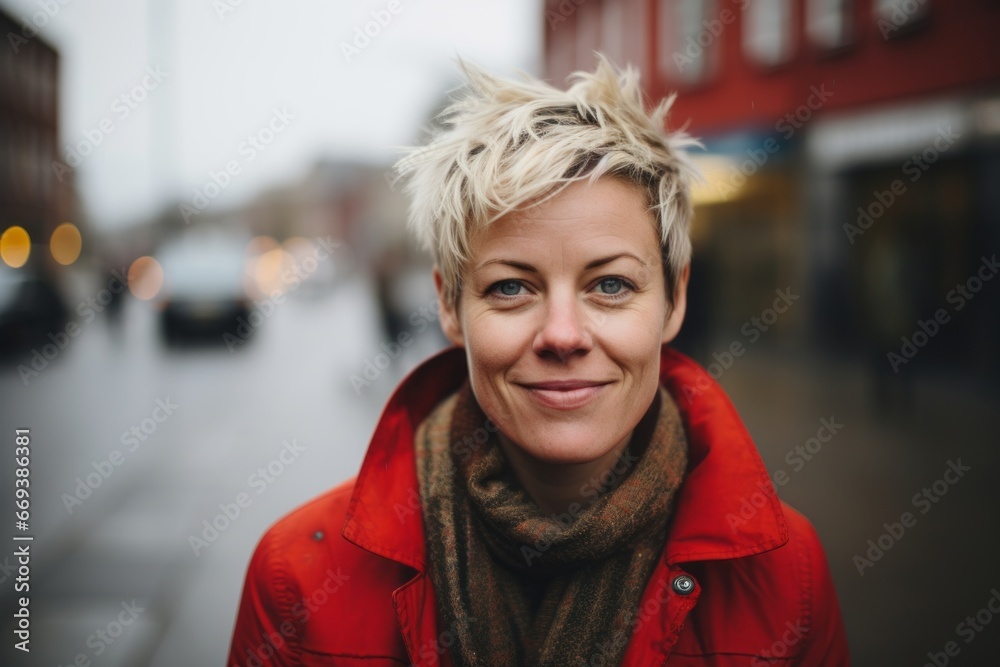 Portrait of a beautiful middle-aged woman with short blond hair in a red jacket on the street Portrait of a beautiful middle-aged woman with short blond hair in a red jacket on the street