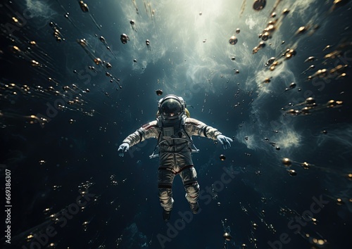 A high-angle shot of an astronaut floating in the middle of the space station, surrounded by