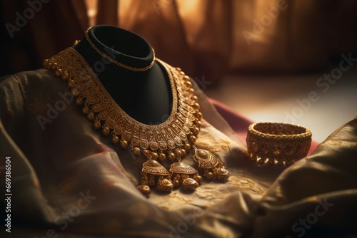 Indian golden jewels necklace. Precious glamour gift accessory. Generate Ai