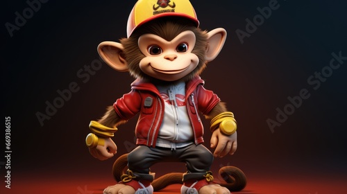 a cartoon character design of a mischievous monkey wearing a red baseball cap, baggy pants, and sneakers. AI Generative