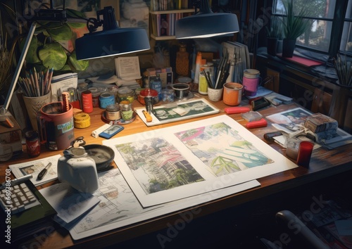 A high-angle shot of an illustrator's desk, showcasing a cluttered workspace filled with