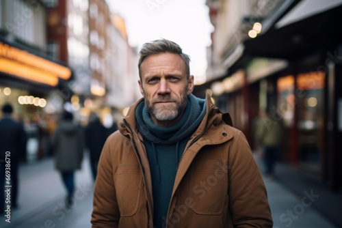 Portrait of a handsome middle-aged man wearing a coat and scarf in the city.