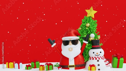 Happy Santa Claus snowman and reindeer cheer up and raise hand up with Christmas tree decorated by gift, merry Christmas greeting background, 3D rendering. 4K footage.