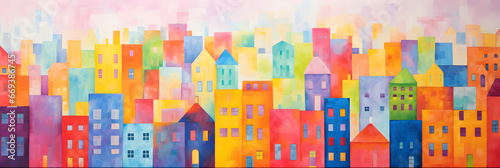 colourful minimalist watercolour painting of the city skyline cartoon landscape background banner illustration in a cute and simple style