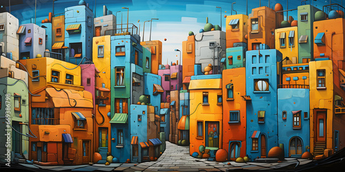 colourful painting of the city streets cartoon landscape background illustration in a cute and simple style